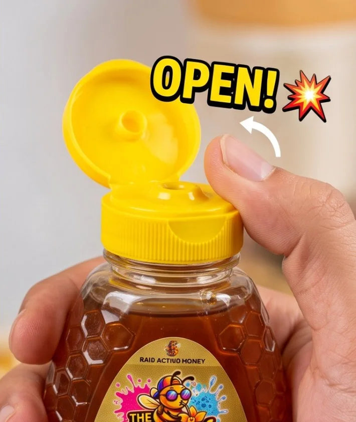 Flip-open cap of The Honey Squad squeeze bottle